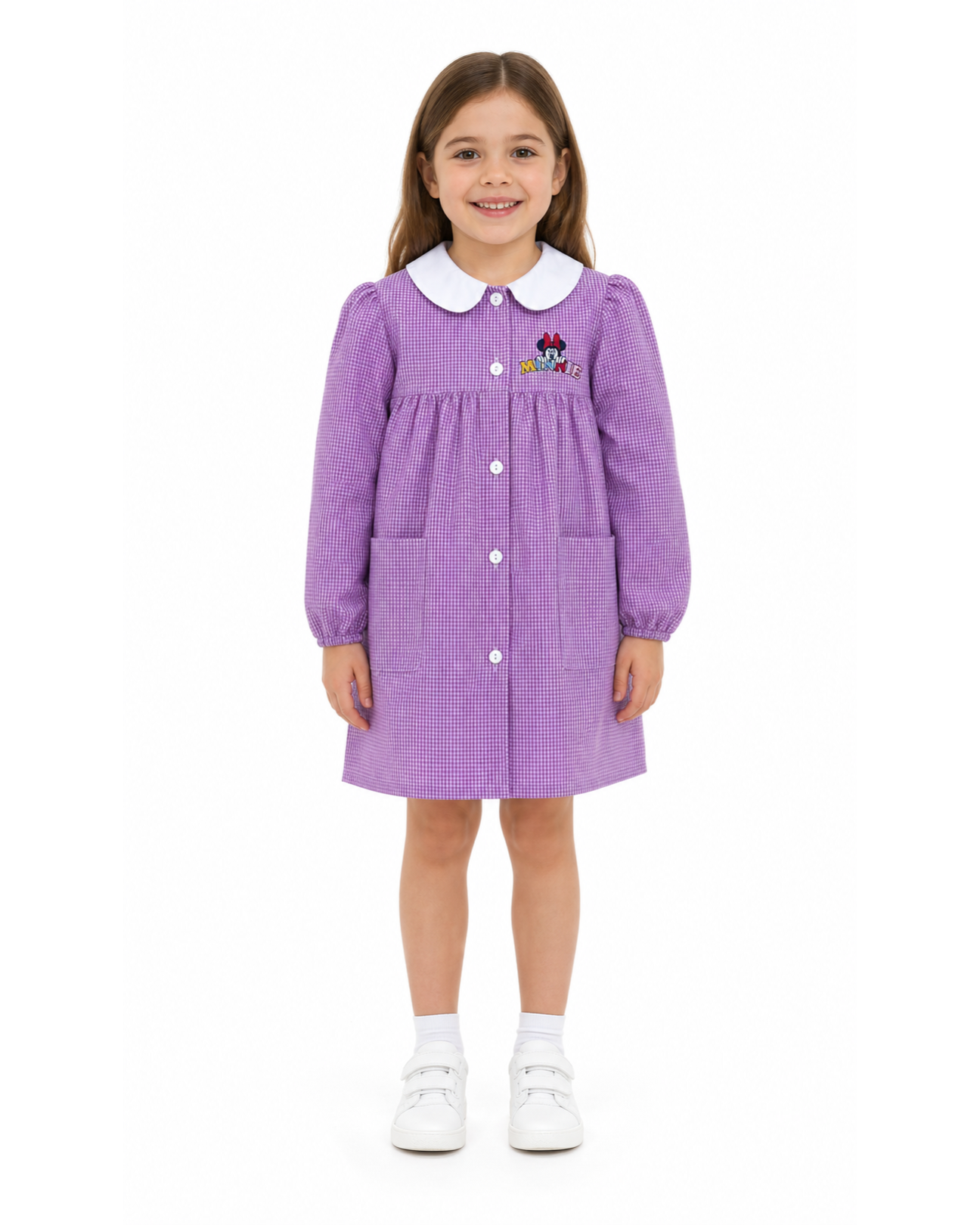 Grembiule asilo quadretti rosa bambina made in Italy con abbottonatura centrale Disney ricamo Minnie G102