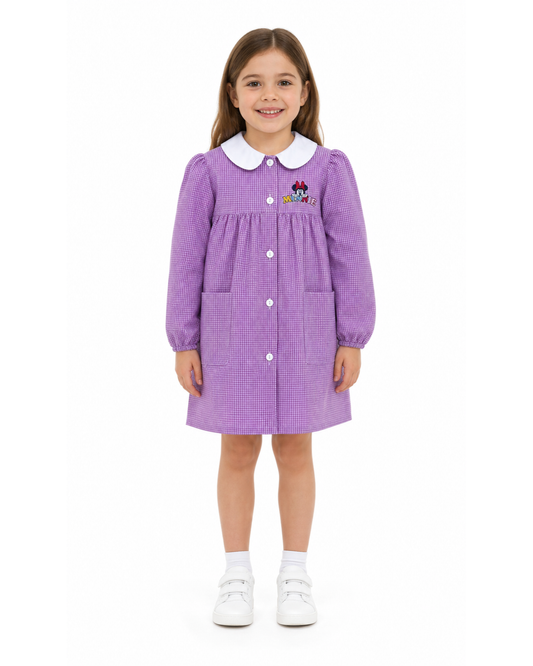 Grembiule asilo quadretti rosa bambina made in Italy con abbottonatura centrale Disney ricamo Minnie G102