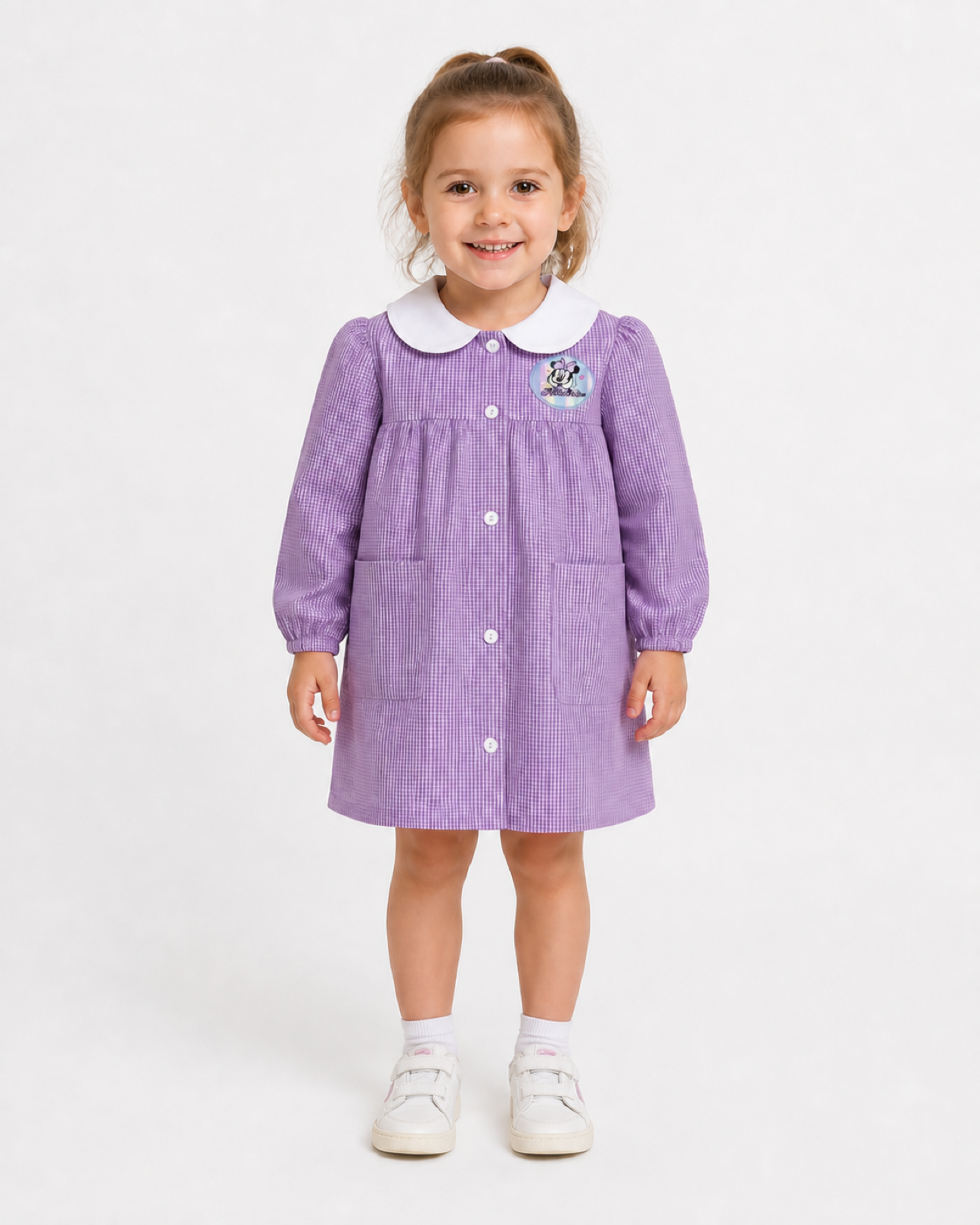 Grembiule asilo quadretti rosa bambina made in Italy con abbottonatura centrale Disney ricamo Minnie G102