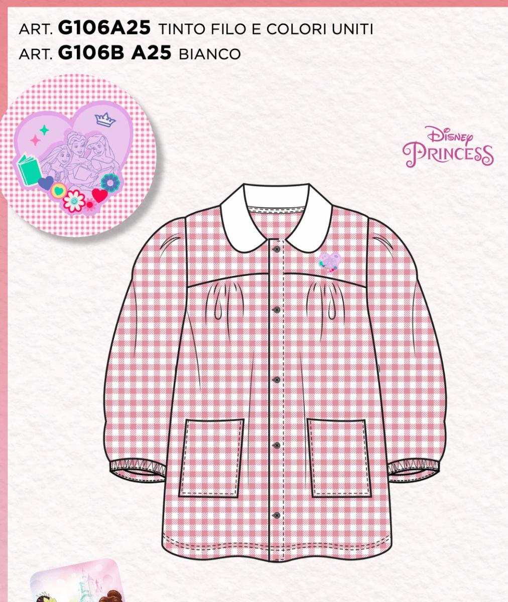 Grembiule asilo quadretti rosa bambina made in Italy con abbottonatura centrale Disney ricamo Principesse G106