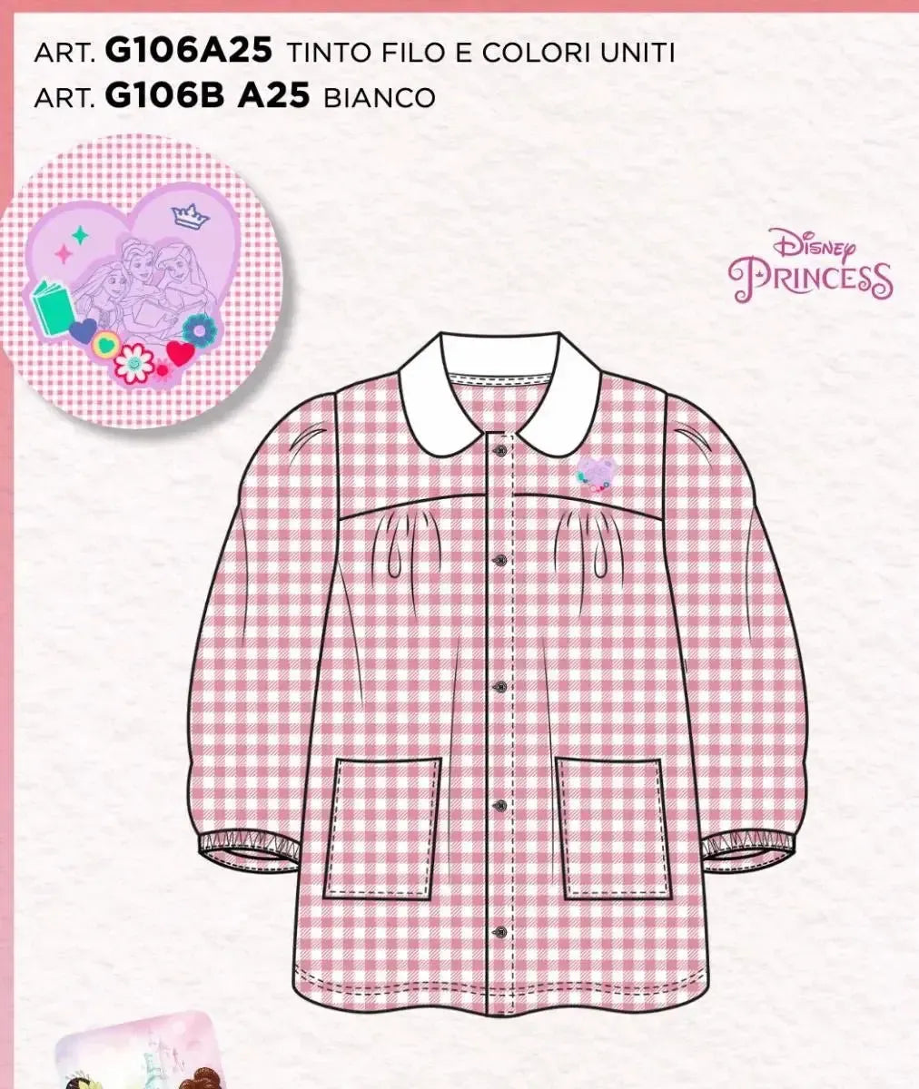 Grembiule asilo quadretti rosa bambina made in Italy con abbottonatura centrale Disney ricamo Principesse G106A25