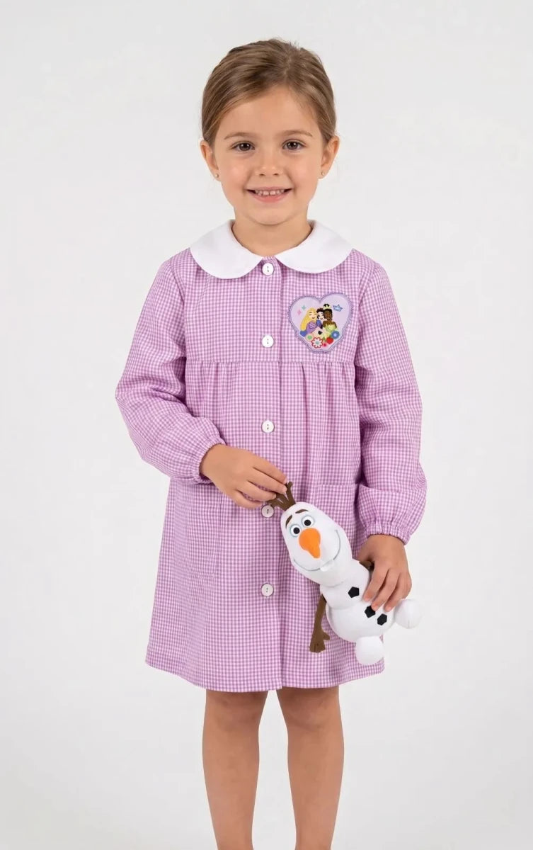 Grembiule asilo quadretti rosa bambina made in Italy con abbottonatura centrale Disney ricamo Principesse G106A26