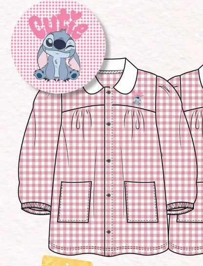 Grembiule asilo quadretti rosa bambina made in Italy con abbottonatura centrale Disney ricamo Stitch G107