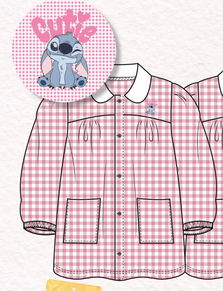Grembiule asilo quadretti rosa bambina made in Italy con abbottonatura centrale Disney ricamo Stitch G107