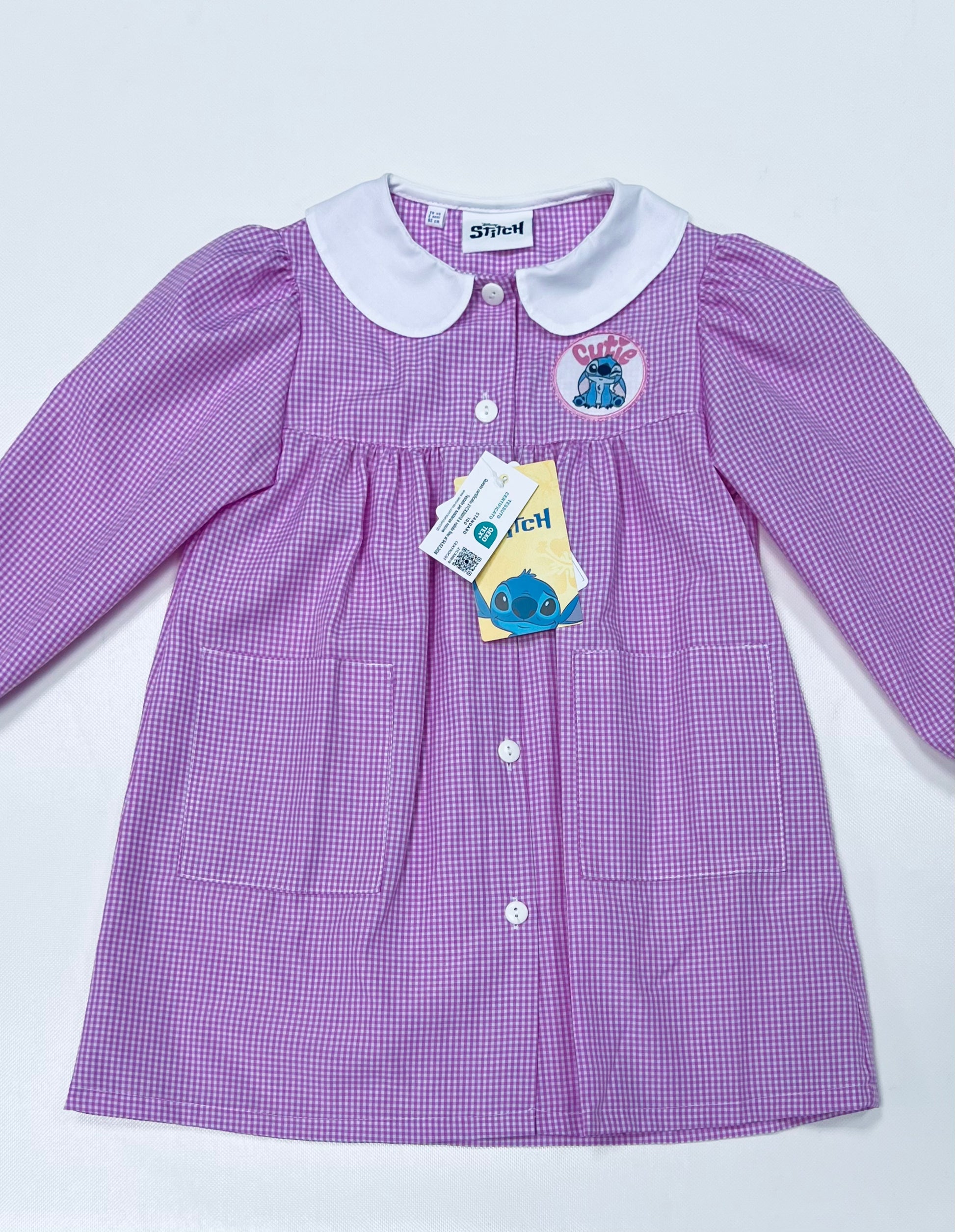 Grembiule asilo quadretti rosa bambina made in Italy con abbottonatura centrale Disney ricamo Stitch G107