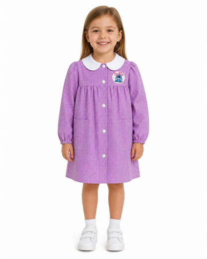 Grembiule asilo quadretti rosa bambina made in Italy con abbottonatura centrale Disney ricamo Stitch G107