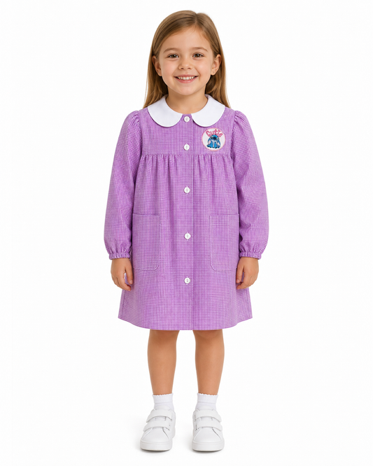Grembiule asilo quadretti rosa bambina made in Italy con abbottonatura centrale Disney ricamo Stitch G107