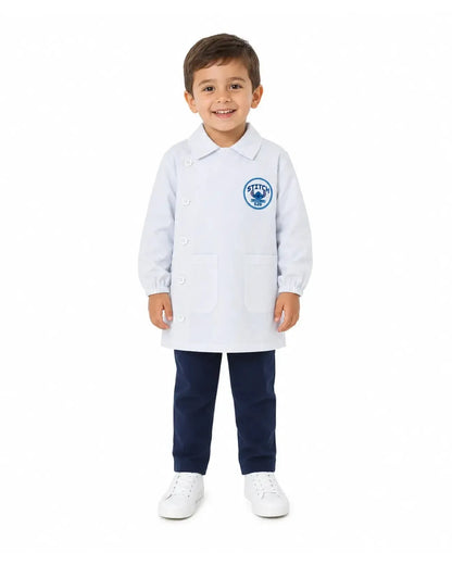 Grembiule bianco asilo bambino con abbottonatura laterale Disney ricamo Stitch G307A25