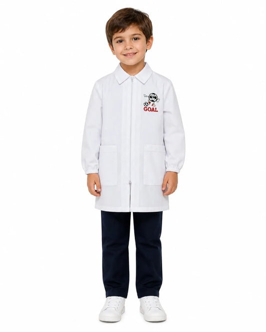 Grembiule bianco asilo bambino con abbottonatura laterale Nazareno Gabrielli ricamo Vroom 0703A26