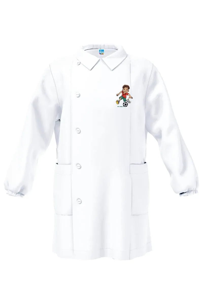 Grembiule bianco asilo bambino con abbottonatura laterale Siggi ricamo Calcio 4344