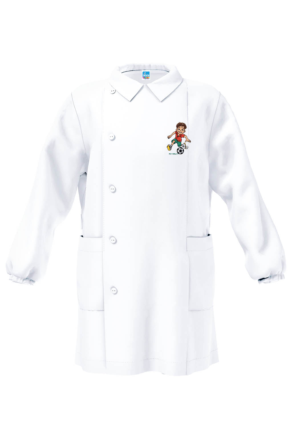 Grembiule bianco asilo bambino con abbottonatura laterale Siggi ricamo Calcio 4344