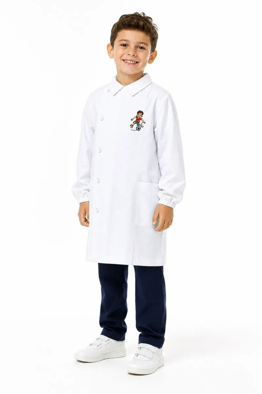 Grembiule bianco asilo bambino con abbottonatura laterale Siggi ricamo Calcio 4344