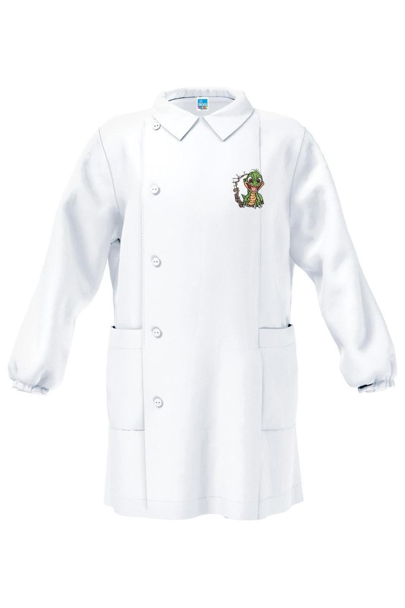 Grembiule bianco asilo bambino con abbottonatura laterale Siggi ricamo Draghetto 4182