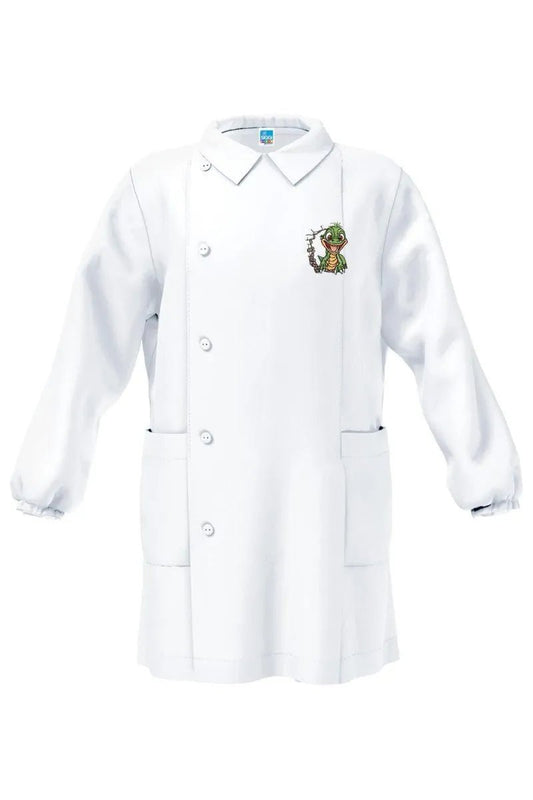 Grembiule bianco asilo bambino con abbottonatura laterale Siggi ricamo Draghetto 4182