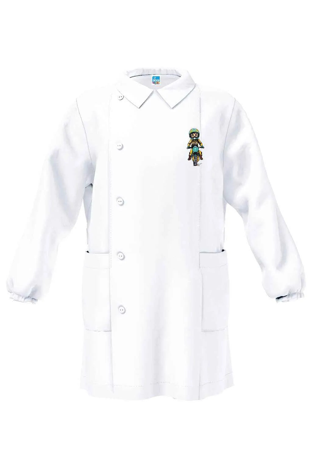 Grembiule bianco asilo bambino con abbottonatura laterale Siggi ricamo Moto 4346