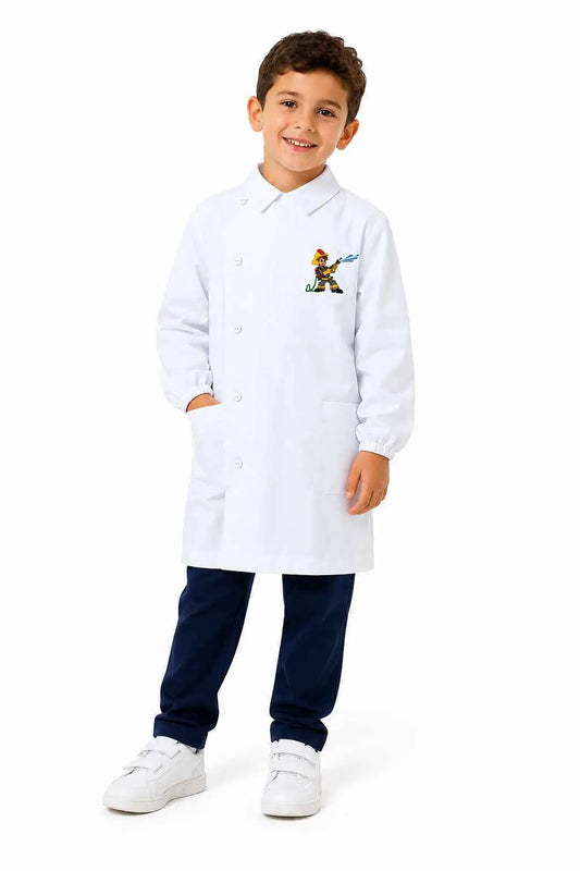 Grembiule bianco asilo bambino con abbottonatura laterale Siggi ricamo Pompiere 4347