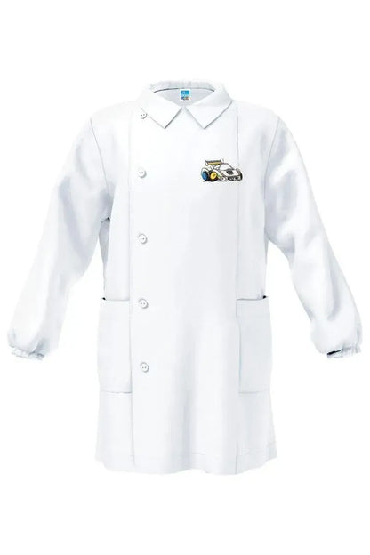 Grembiule bianco asilo bambino con abbottonatura laterale Siggi ricamo Rally 4181