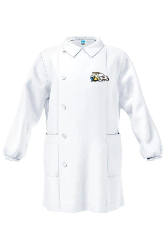 Grembiule bianco asilo bambino con abbottonatura laterale Siggi ricamo Rally 4181