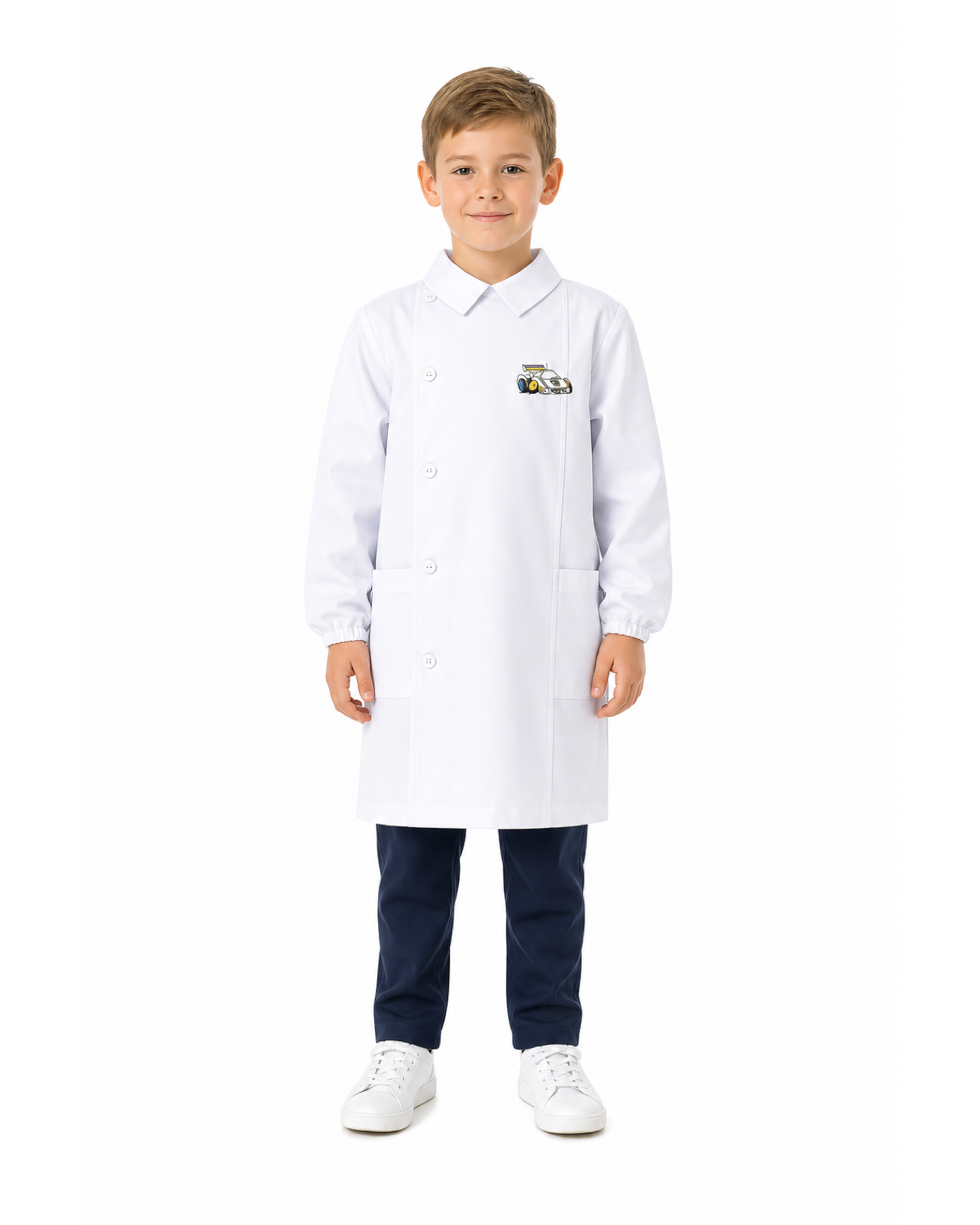 Grembiule bianco asilo bambino con abbottonatura laterale Siggi ricamo Rally 4181