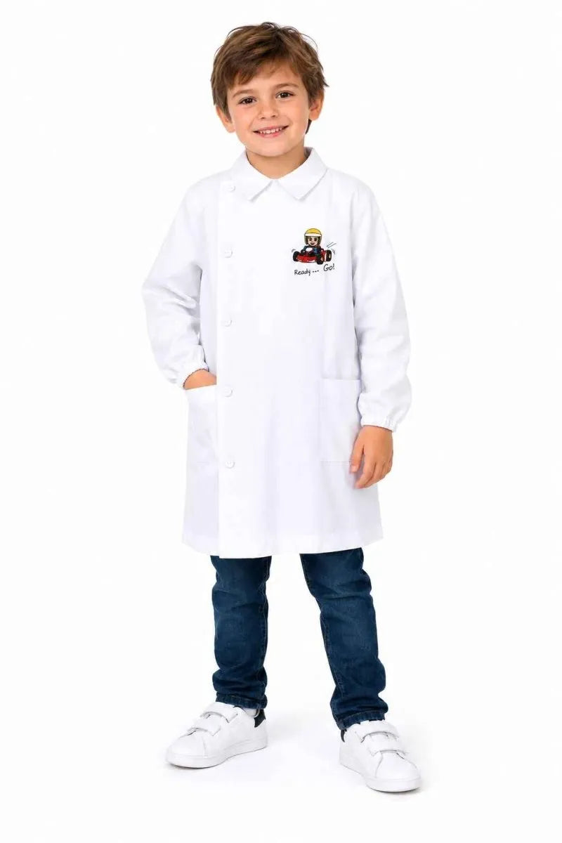 Grembiule bianco asilo bambino con abbottonatura laterale Siggi ricamo Ready Go 4354