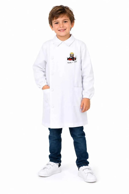 Grembiule bianco asilo bambino con abbottonatura laterale Siggi ricamo Ready Go 4354
