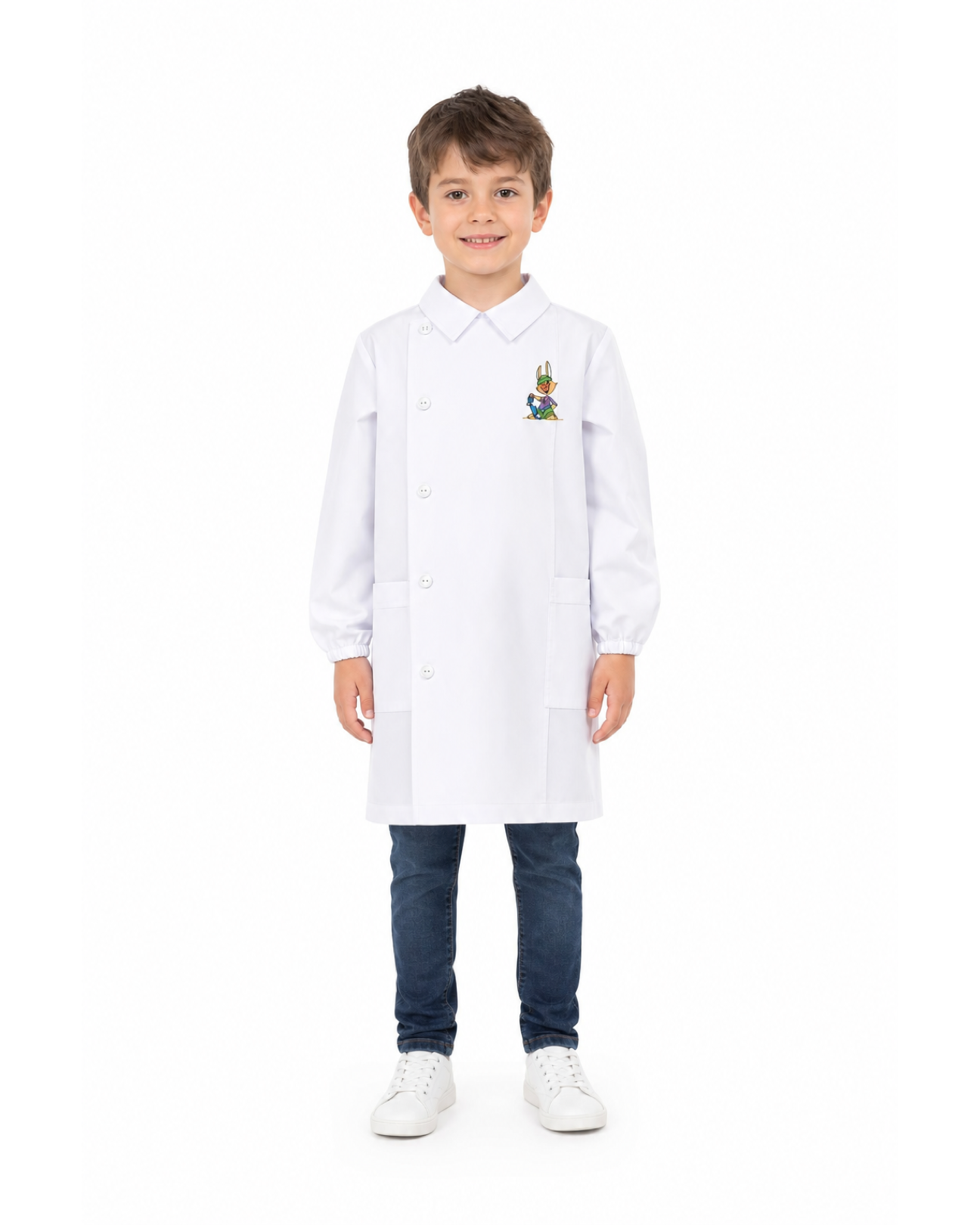 Grembiule bianco asilo bambino con abbottonatura laterale Siggi ricamo Skate 4186