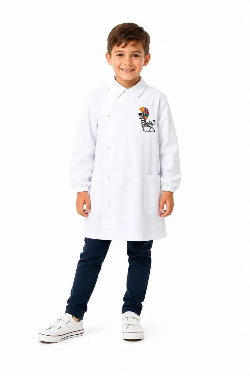 Grembiule bianco asilo bambino con abbottonatura laterale Siggi ricamo Zebra 4361