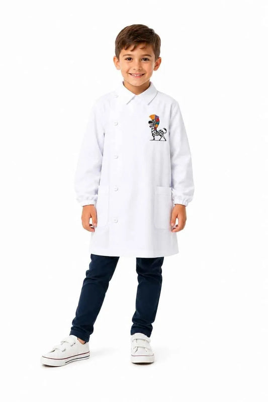 Grembiule bianco asilo bambino con abbottonatura laterale Siggi ricamo Zebra 4361