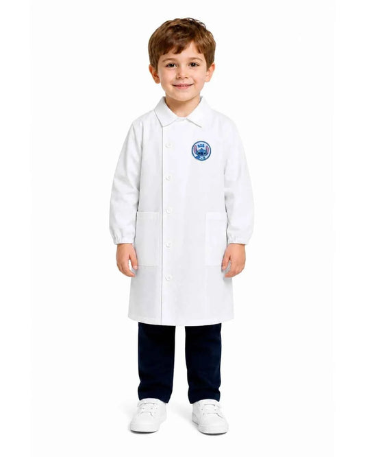 Grembiule bianco asilo bambino con abbottonatura laterale Stitch G307A26