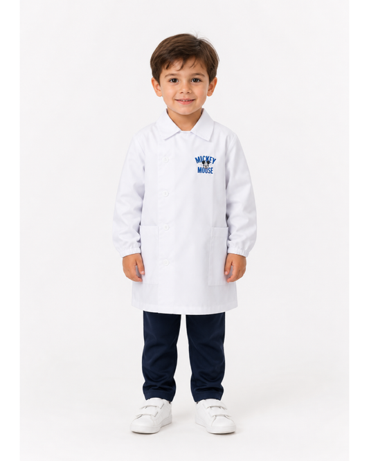 Grembiule bianco asilo bambino con abbottonatura laterale ricamo Disney Mickey Mouse G304