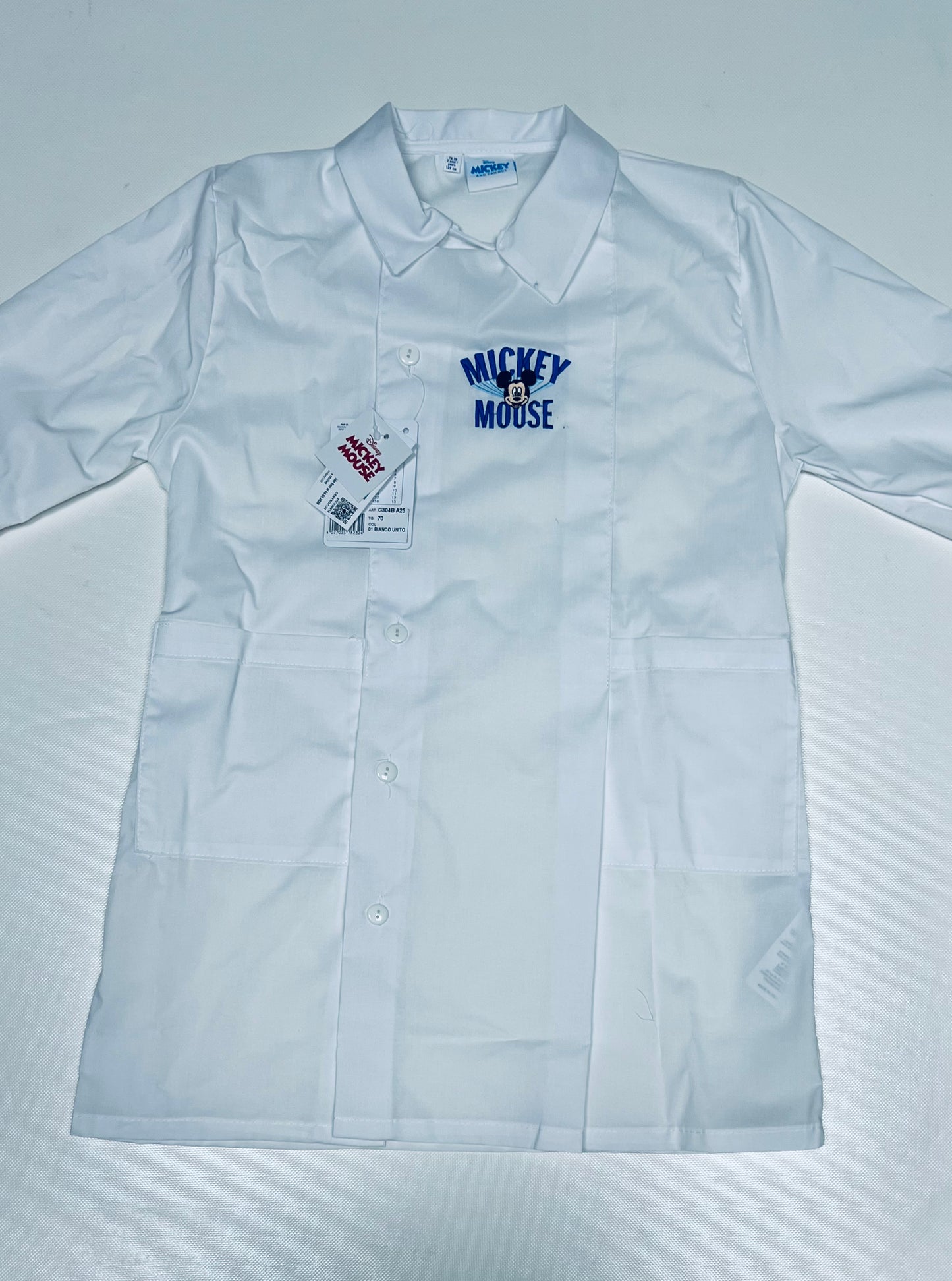 Grembiule bianco asilo bambino con abbottonatura laterale ricamo Disney Mickey Mouse G304A25