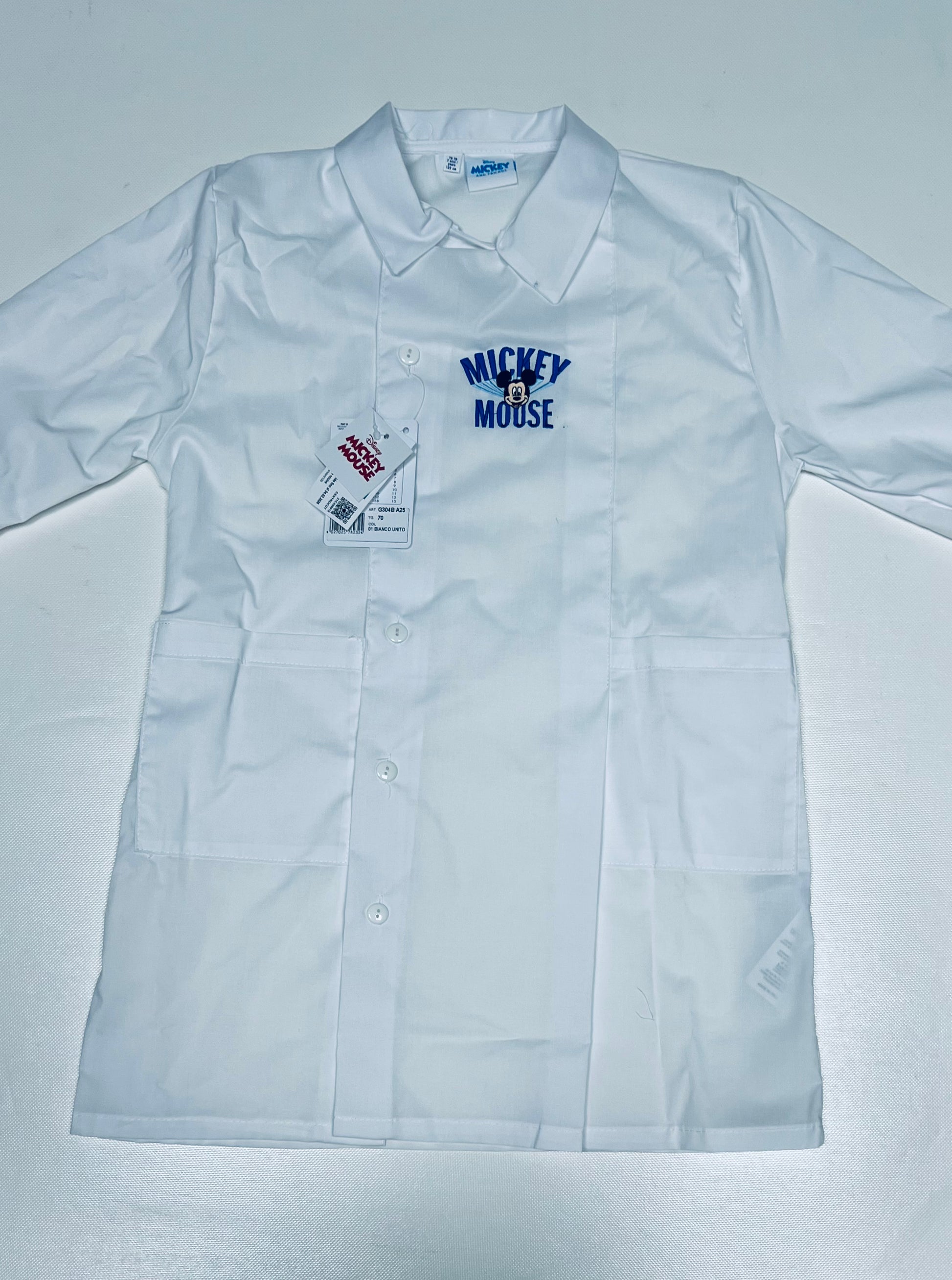 Grembiule bianco asilo bambino con abbottonatura laterale ricamo Disney Mickey Mouse G304A25