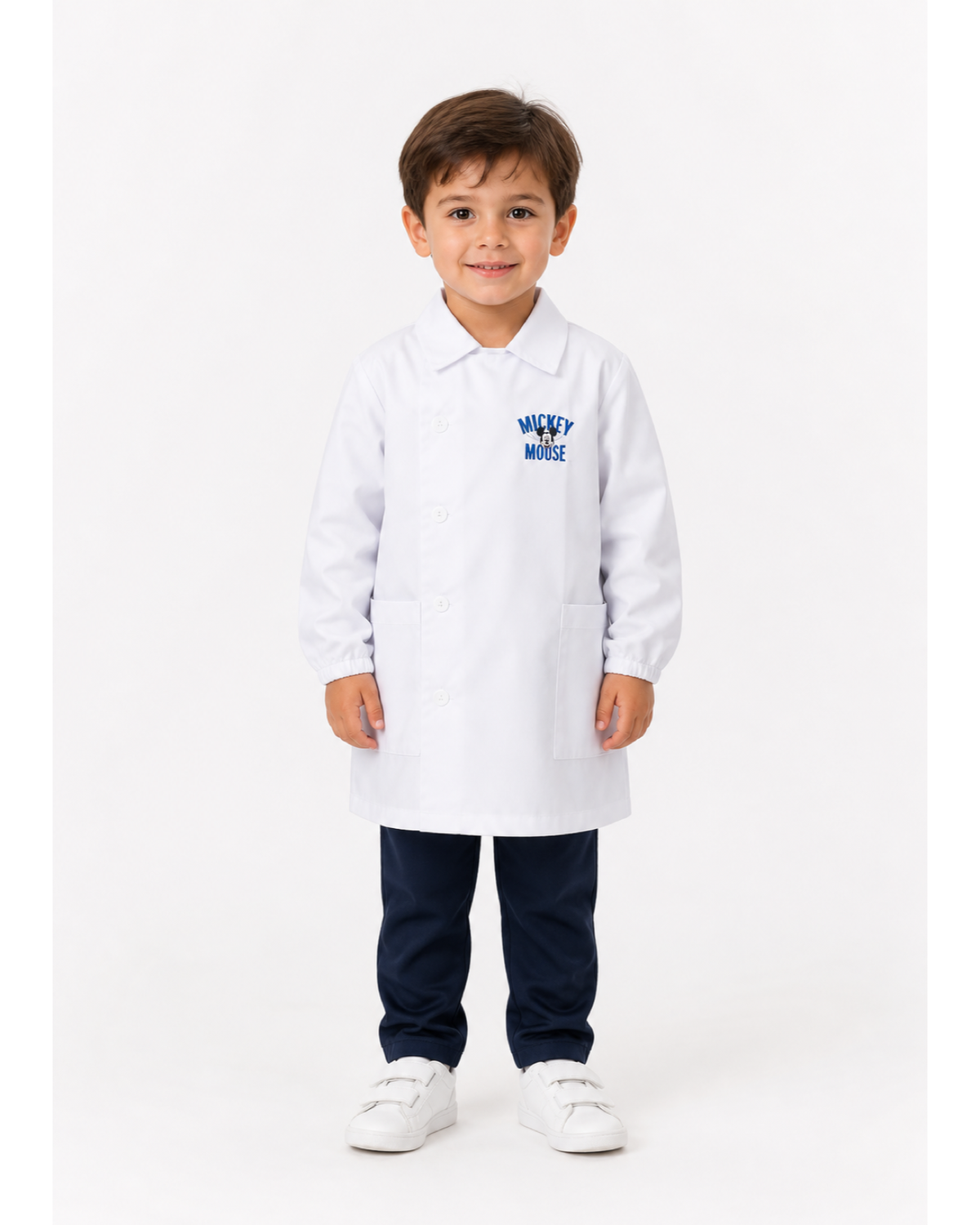 Grembiule bianco asilo bambino con abbottonatura laterale ricamo Disney Mickey Mouse G304A25