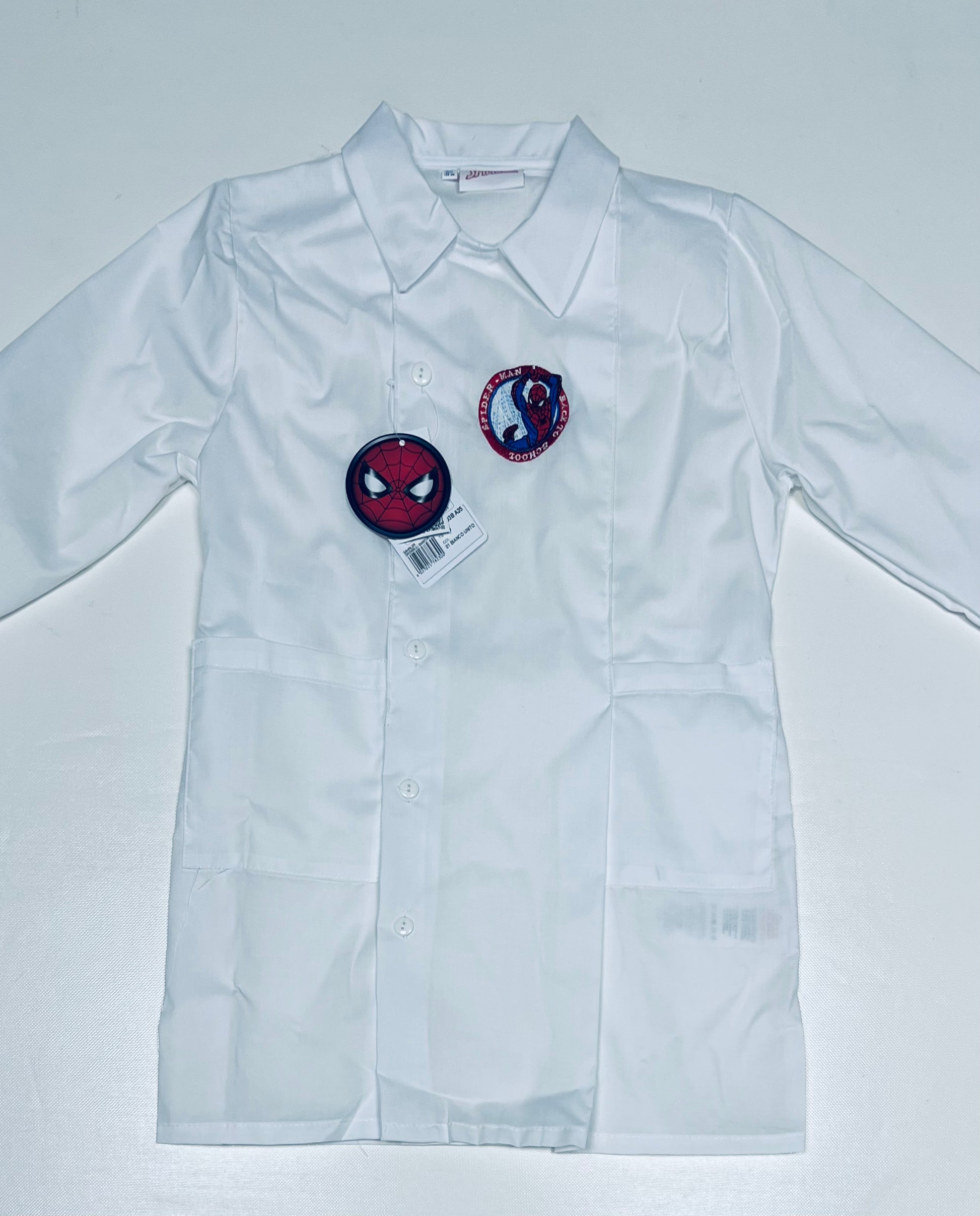 Grembiule bianco asilo bambino con abbottonatura laterale ricamo Marvel Spiderman G303