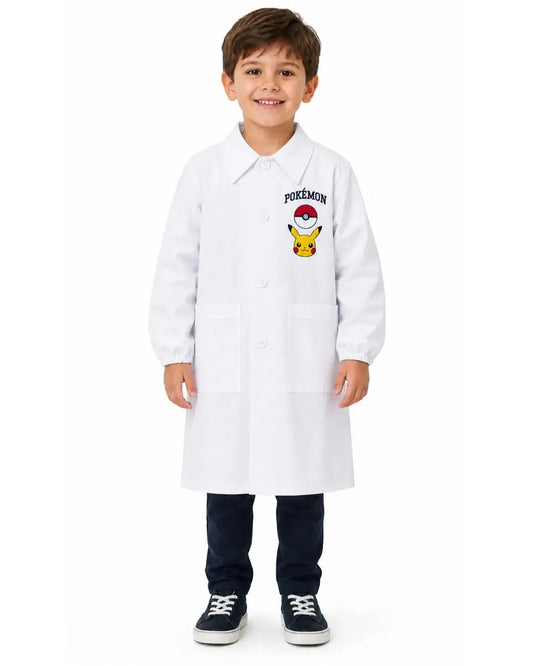 Grembiule bianco asilo bambino con abbottonatura laterale ricamo Pokemon G301