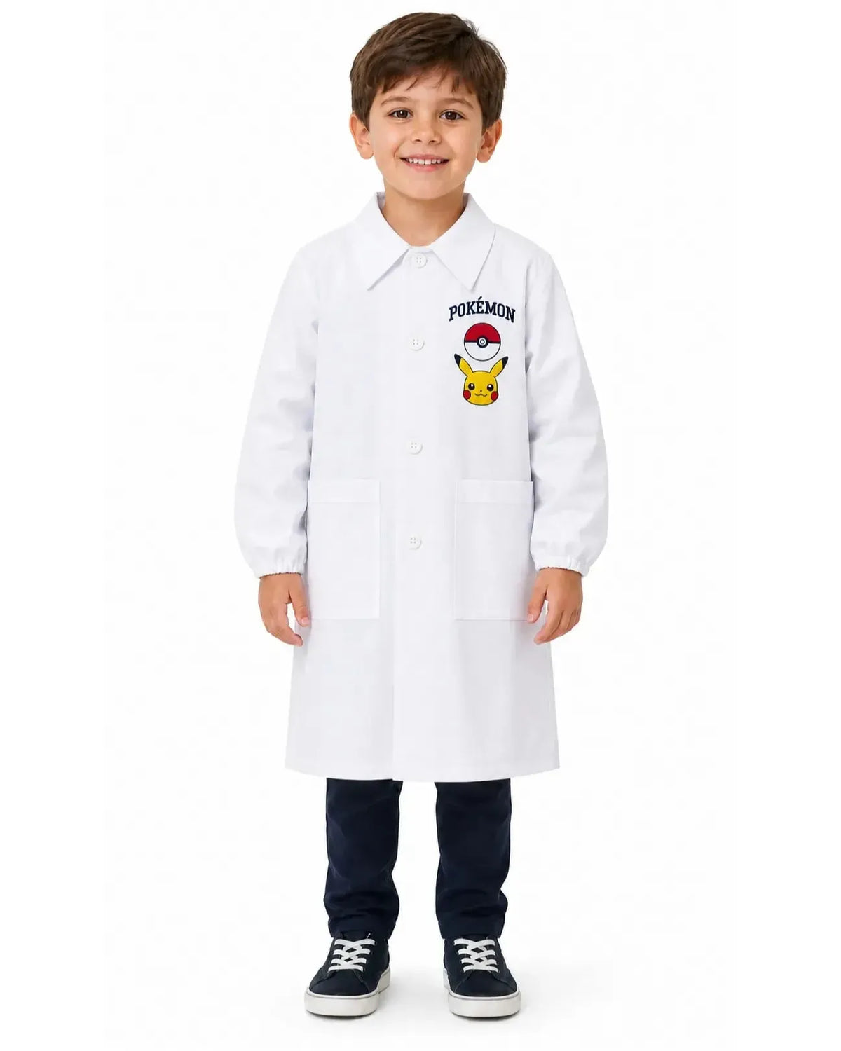 Grembiule bianco asilo bambino con abbottonatura laterale ricamo Pokemon G301A25