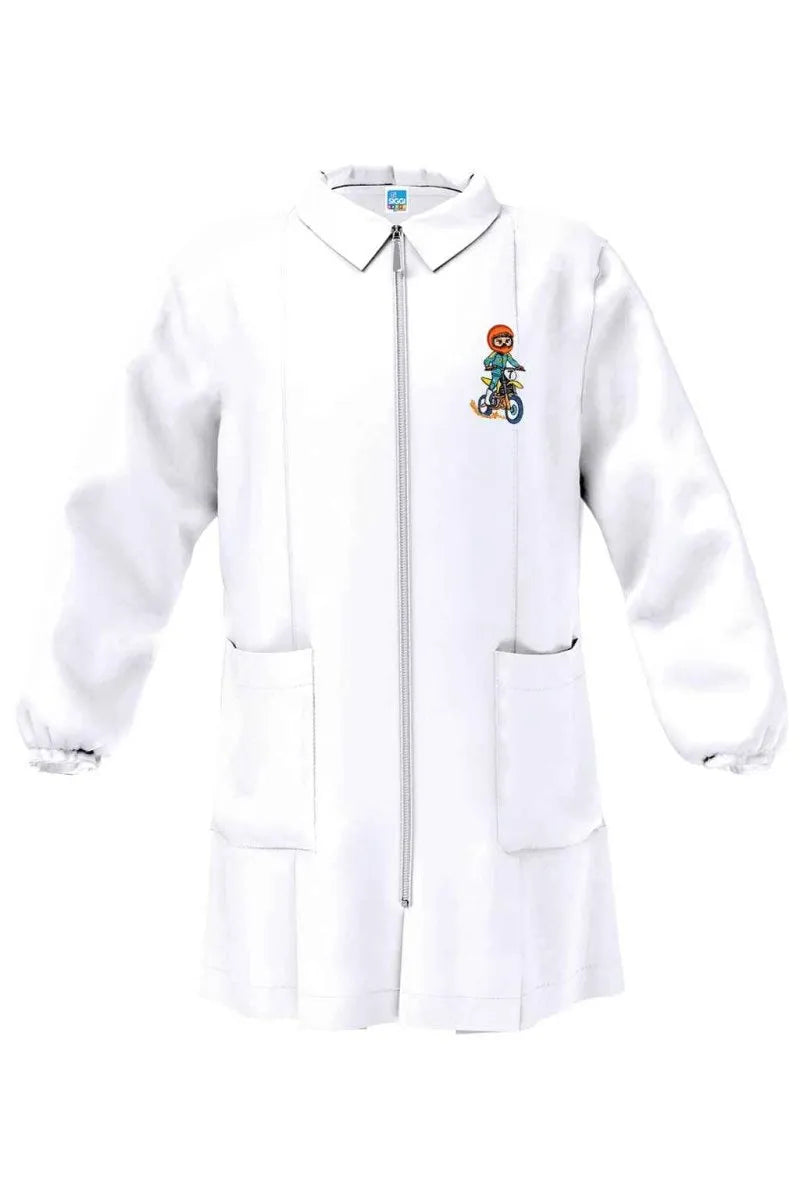 Grembiule bianco asilo bambino con zip Siggi ricamo Cross 4356