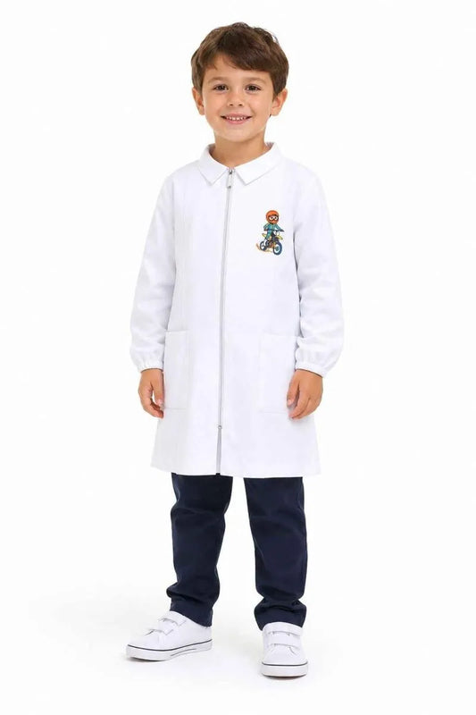 Grembiule bianco asilo bambino con zip Siggi ricamo Cross 4356