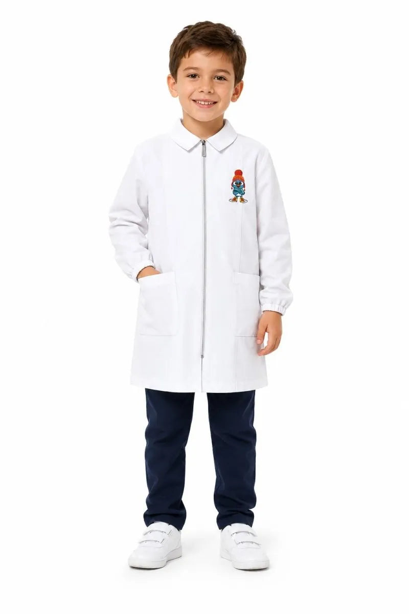 Grembiule bianco asilo bambino con zip Siggi ricamo Pulcino Freddoloso 4355