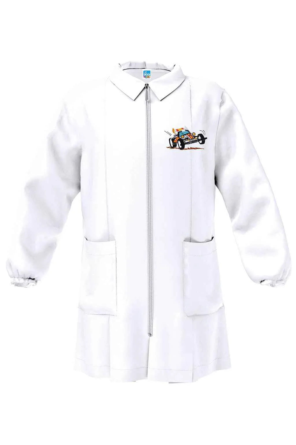 Grembiule bianco asilo bambino con zip Siggi ricamo Racer 4357