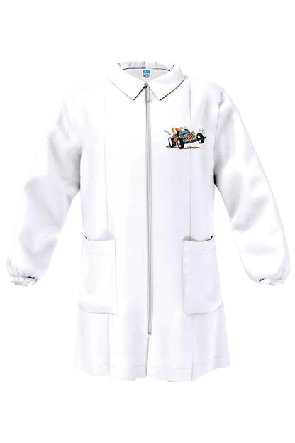 Grembiule bianco asilo bambino con zip Siggi ricamo Racer 4357