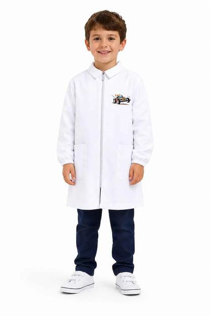 Grembiule bianco asilo bambino con zip Siggi ricamo Racer 4357