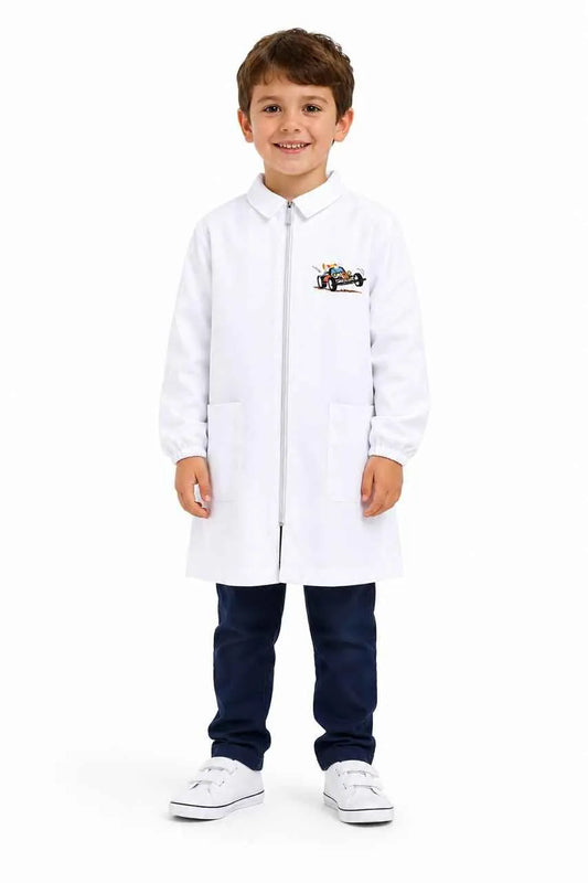 Grembiule bianco asilo bambino con zip Siggi ricamo Racer 4357