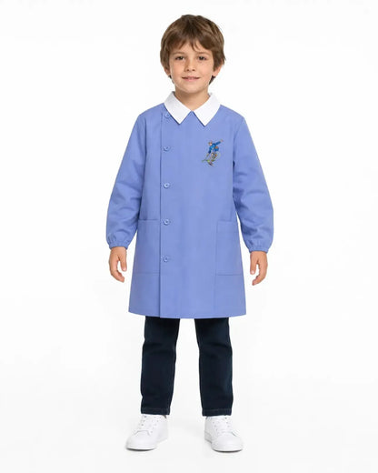 Grembiule con abbottonatura laterale scuola elementare celeste bambino Siggi Made in Italy ricamo Bici 3926