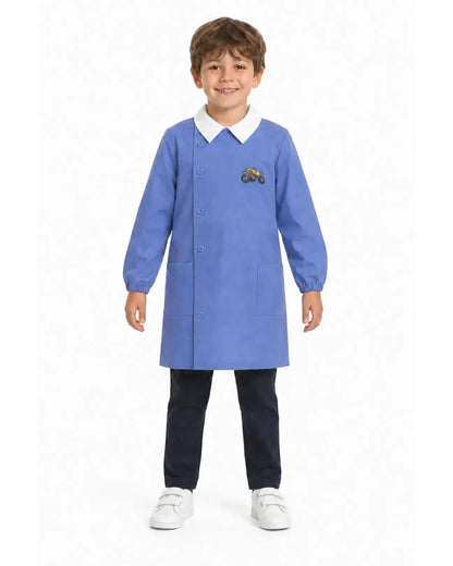 Grembiule con abbottonatura laterale scuola elementare celeste bambino Siggi Made in Italy ricamo Monster Truck 3925