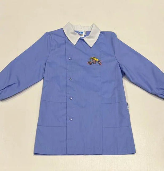 Grembiule con abbottonatura laterale scuola elementare celeste bambino Siggi Made in Italy ricamo Monster Truck 3925