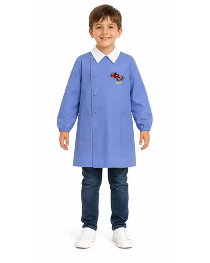 Grembiule con abbottonatura laterale scuola elementare celeste bambino Siggi Made in Italy ricamo Speed 3927