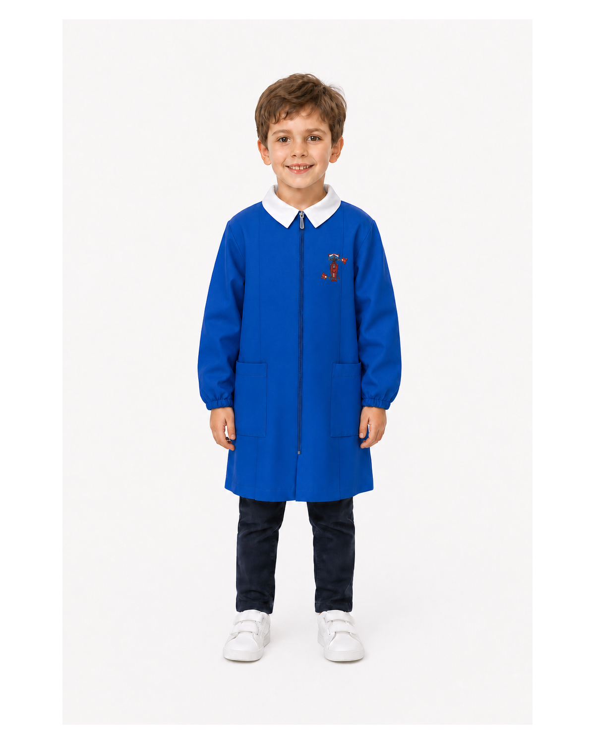 Grembiule con zip scuola elementare blu bambino Siggi Made in Italy ricamo Pit Stop 4247