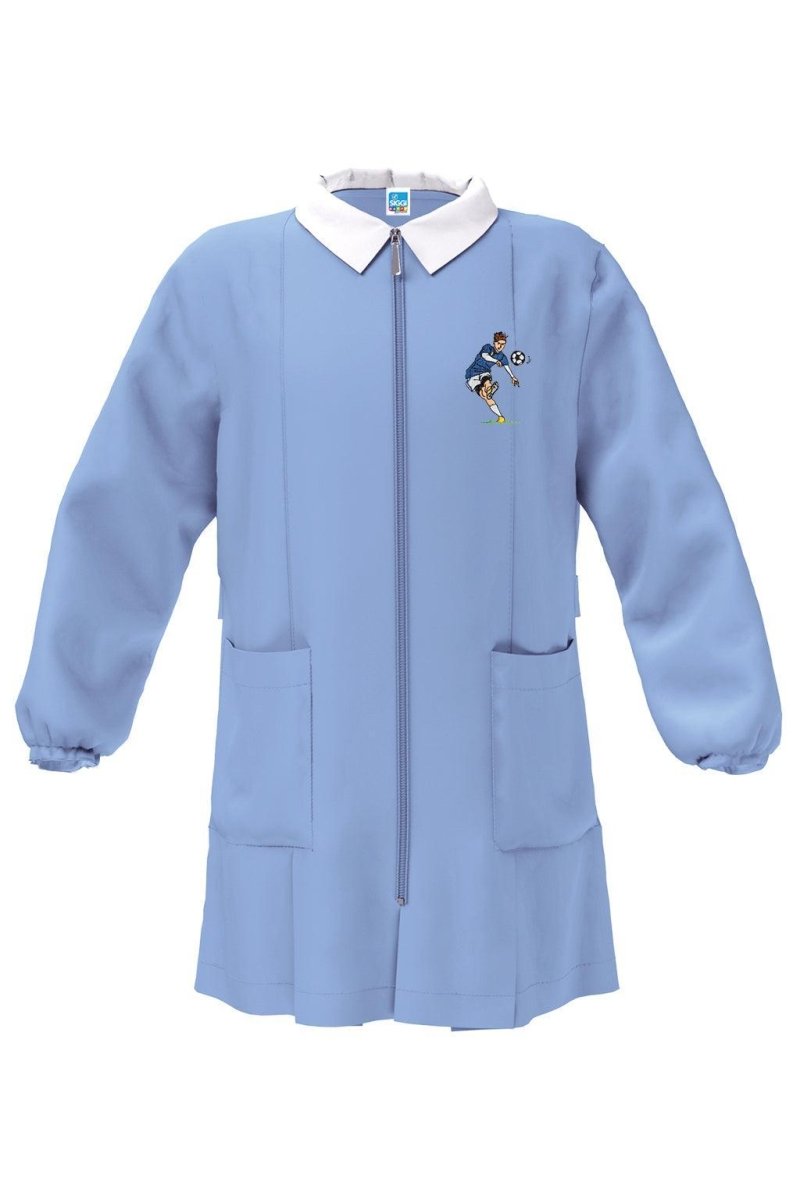 Grembiule con zip scuola elementare celeste bambino Siggi Made in Italy ricamo Calcio 4167