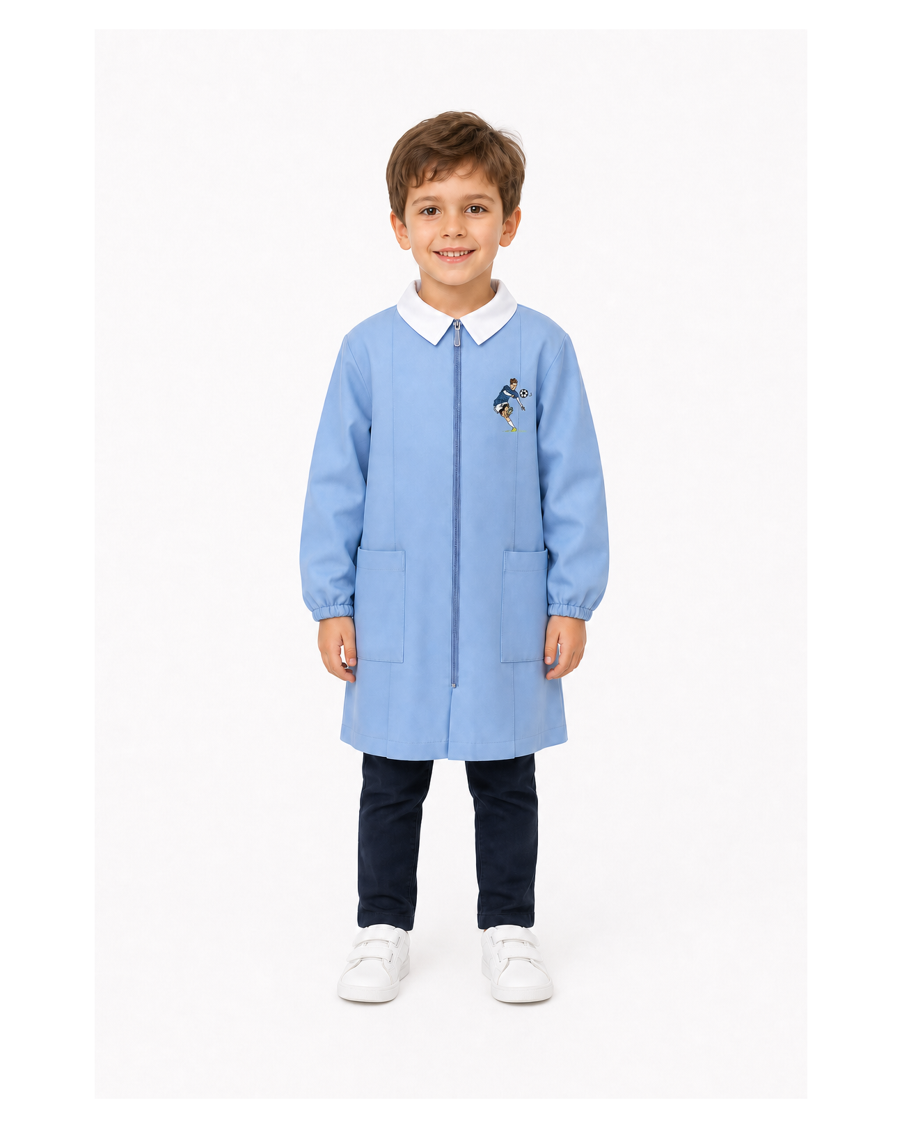 Grembiule con zip scuola elementare celeste bambino Siggi Made in Italy ricamo Calcio 4167